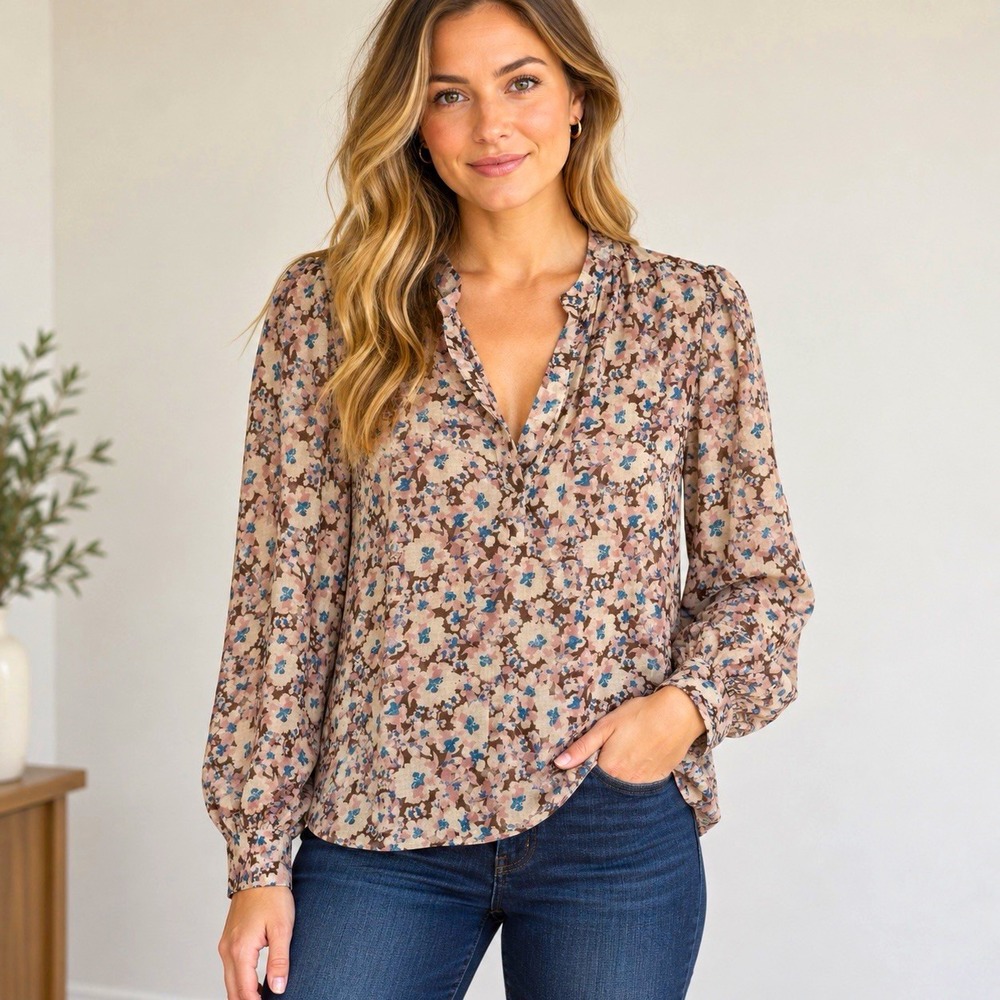 Z Supply Women's Small Floral V-Neck Long Sleeve Peasant Woven Cotton Rayon New